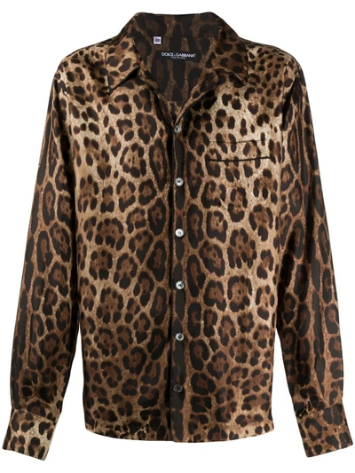 Dolce & Gabbana Silk Pyjama Shirt With Leopard Print In Brown,black