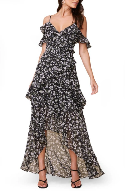 Astr High/low Tiered Ruffle Maxi Dress In Black-white Multi Floral