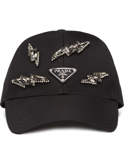 Prada Lightning Bolt Embellished Baseball Cap In Black