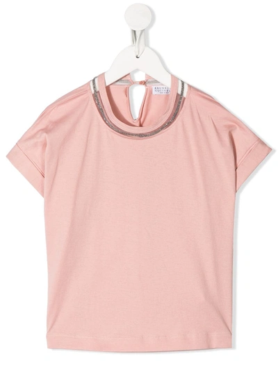 Brunello Cucinelli Kids' Embellished Collar T-shirt In Pink