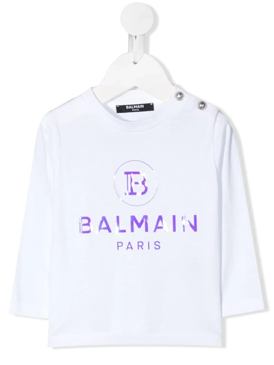 Balmain Babies' Metallic Logo-print T-shirt In White