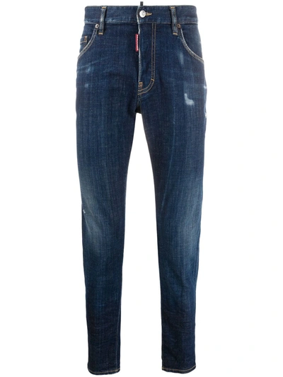 Dsquared2 Stretch-cotton Denim Distressed Straight-leg Jeans In Blue