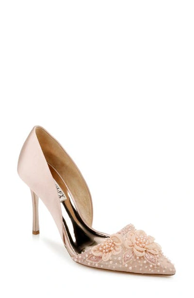 Badgley Mischka Ophelia Beaded Floral Pointed Toe Pump In Soft Blush Satin