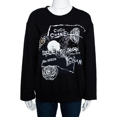 Pre-owned Chanel Black Printed & Embellished Cotton Long Sleeve Sweatshirt  Xl