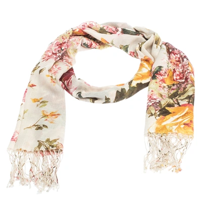 Pre-owned Roberto Cavalli Cream Floral Print Fringed Cashmere & Silk Scarf
