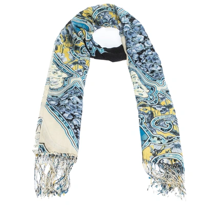 Pre-owned Roberto Cavalli Blue Floral Printed Cashmere Blend Fringed Scarf