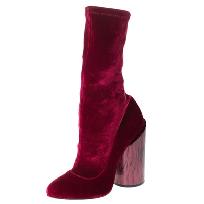 Pre-owned Givenchy Red Velvet Mother Of Pearl Block Heel Mid Calf Boots Size 38