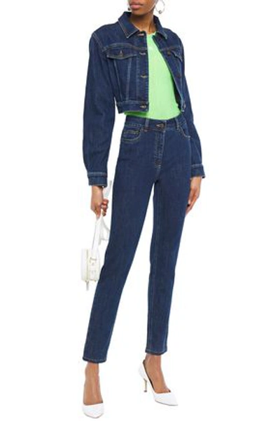 Moschino Embroidered High-rise Slim-leg Jeans In Dark Denim