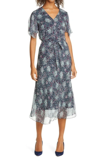 Hugo Boss Kimono Sleeve Midi Dress In Printed Silk Chiffon In Patterned