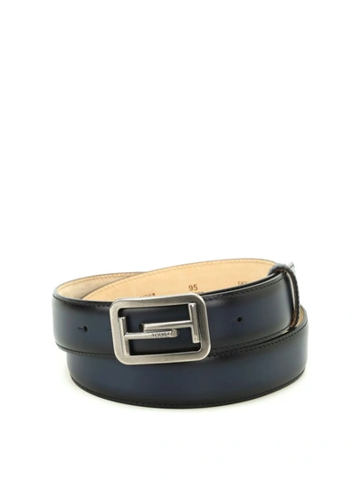 Tod's Double T Buckle Blue Leather Belt In Dark Blue