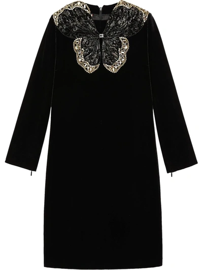 Gucci Crystal And Sequinned Butterfly Velvet Dress In Black