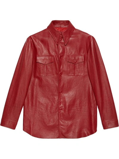 Gucci Leather Shirt With Point Collar In Red