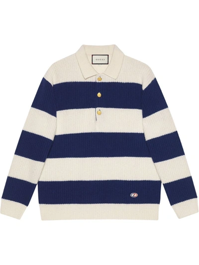 Gucci Striped Wool Polo With Gg Patch In Dark Blue And White