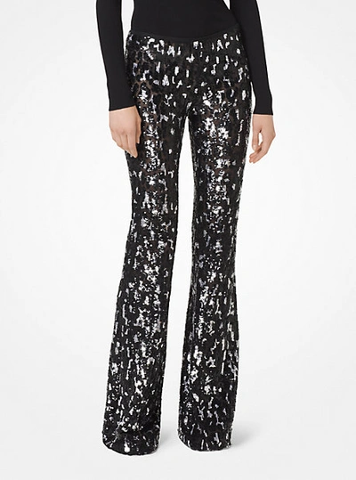 Michael Kors Camo Sequined Stretch-tulle Flared Pants In Black