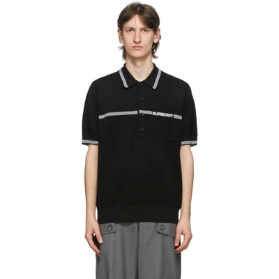 Burberry Wool Knitted Pique Polo With Stripe Detail And Embroidery In Black