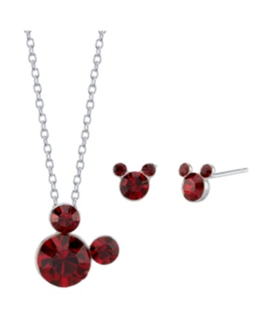 Disney Silver Plated Crystal Birthstone Mickey Mouse Earring And Necklace Set, 16"+2" Extender In January/garnet Crystal