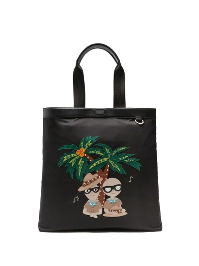Dolce & Gabbana Nylon Shopping Bag With Tropical Stylist Patches In Black