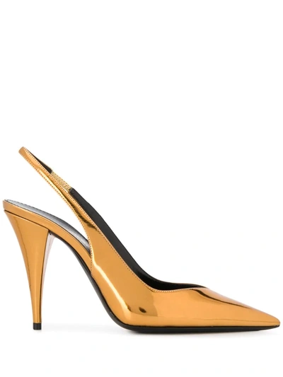 Saint Laurent Kiki 110mm Metallic Slingback Pumps In Gold