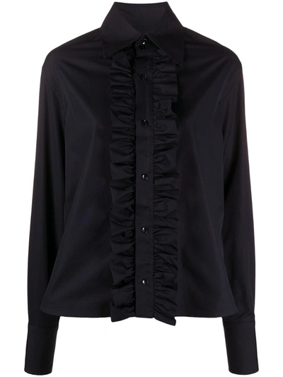 Saint Laurent Ruffled-detail Long-sleeved Shirt In Blue