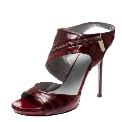 Pre-owned Sergio Rossi Red Eel Skin Peep Toe Ankle Strap Sandals Size 40 In Burgundy