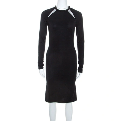 Pre-owned Stella Mccartney Black Jersey Mesh Insert Embellished Collar Dress S
