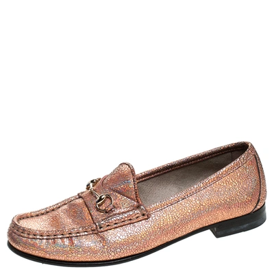 Pre-owned Gucci Metallic Bronze Textured Leather Horsebit Slip On Loafers Size 36.5