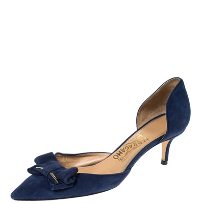 Pre-owned Ferragamo Blue Suede Rietta Bow D'orsay Pointed Toe Sandals Size 39.5