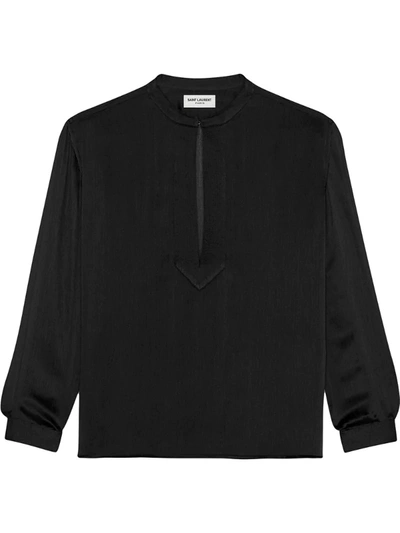 Saint Laurent Collarless Silk Tunic Top In Black