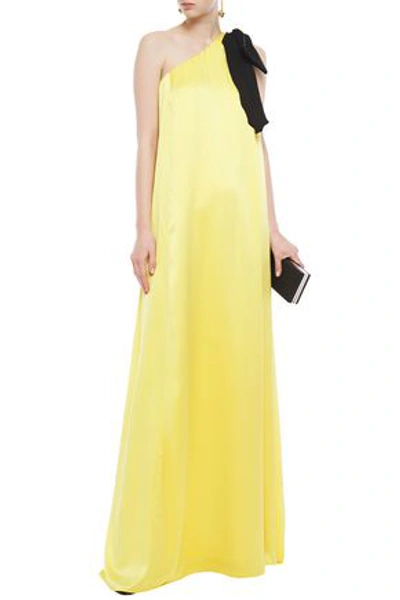 Andrew Gn One-shoulder Bow-embellished Silk-satin Gown In Yellow