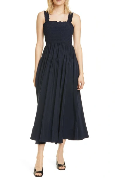 La Ligne Vera Off-the-shoulder Smocked Silk-satin Midi Dress In Navy