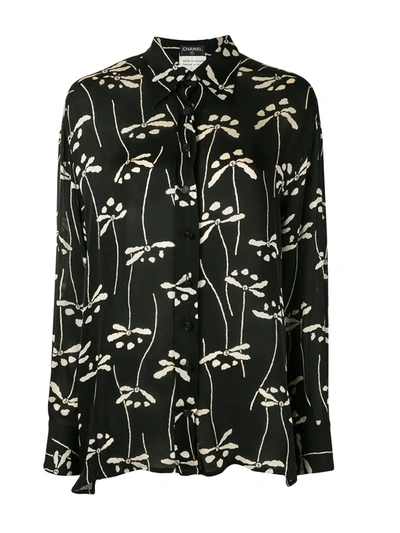 Pre-owned Chanel 1998 Floral Print Silk Shirt In Black