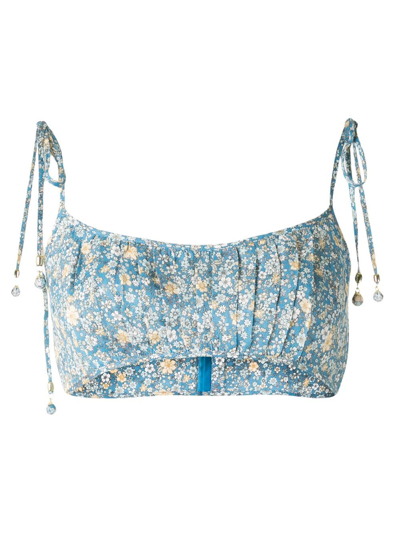 Zimmermann Carnaby Cropped Gathered Floral-print Linen Top In Light Blue