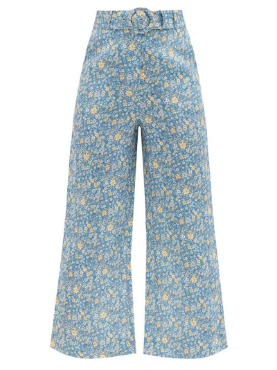 Zimmermann Carnaby Belted Cropped Floral-print Linen Flared Pants In Light Blue