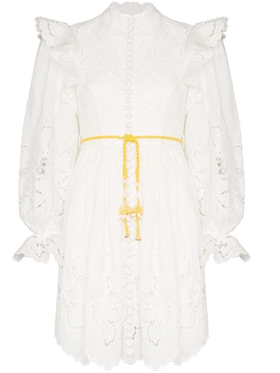 Zimmermann Carnaby Belted Ruffled Broderie Anglaise-trimmed Linen Mini Dress In White