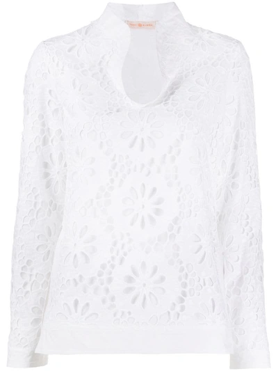 Tory Burch White Floral-embroidered Cotton Tunic
