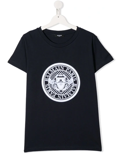 Balmain Kids' Crest-print Short Sleeved T-shirt In Blue