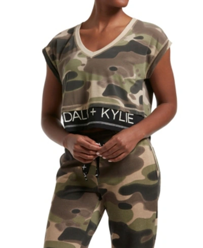 Kendall + Kylie Women's Double Layer Crop V-neck Tee Camo In Green