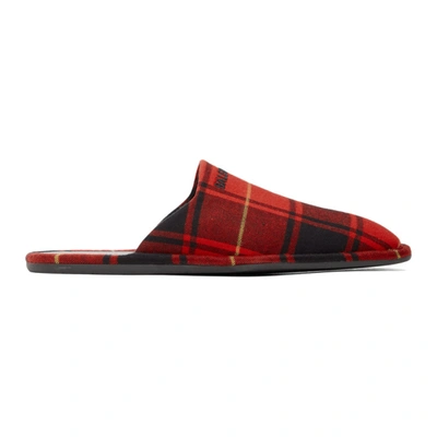 Balenciaga Logo-embroidered Tartan Flannel Slippers In Red & Black