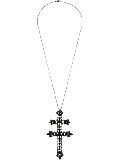 Pre-owned Gianfranco Ferre 2000s Embellished Cross Pendant Necklace In Black