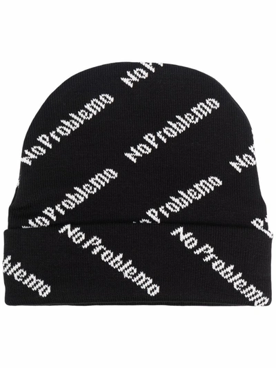 Aries Wool Bennie Hat With No Problemo Allover Print In Black