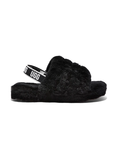Ugg Teen Black Fluff Yeah Shearling Sandals In Black/black