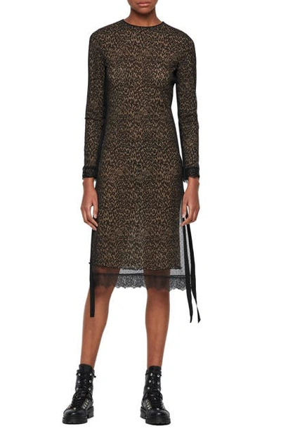 Allsaints Kiara Layered Lace-trimmed Leopard-print Woven Midi Dress In Taupe Brown