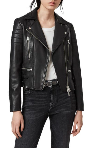 Allsaints Elora Fringe Shrunken Leather Biker Jacket In Black