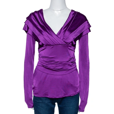 Pre-owned Dior Christian  Jersey Pleated Crossover Long Sleeve Top M In Purple