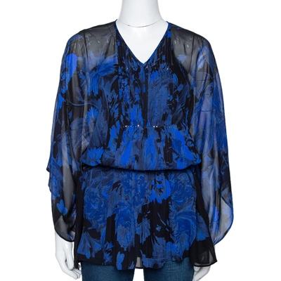 Pre-owned Roberto Cavalli Blue Printed Silk Bead Embellished Kimono Belted Top M