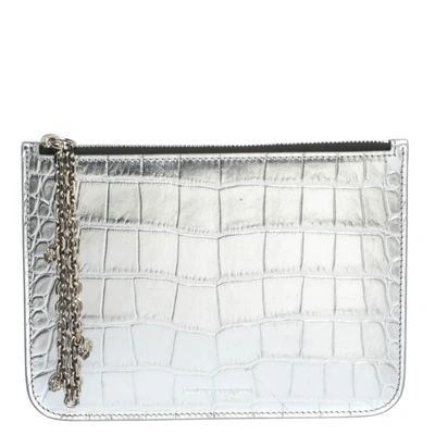 Pre-owned Alexander Mcqueen Silver Croc Embossed Leather Zip Pouch