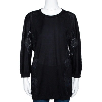 Pre-owned Dolce & Gabbana Black Cashmere Silk Lace Trim Long Sleeve Top L