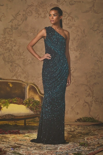 Badgley Mischka Couture Asymmetrical Draped Sequin Gown