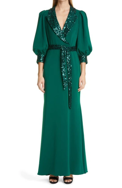 Badgley Mischka Sequin Combo Shirt Gown In Dark Emerald