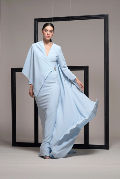 Isabel Sanchis 3/4 Sleeve Long Sleeve Blue Evening Gown